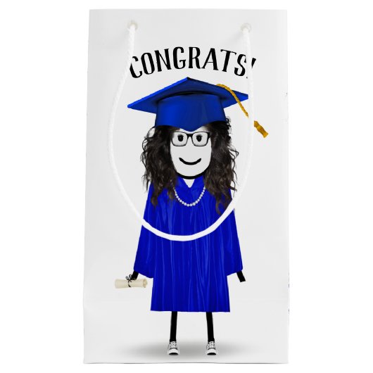 Strichfigur-Mädchen mit Blue Cap und Diplom Kleine Geschenktüte (Vorderseite)