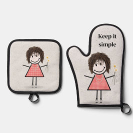 Strichfigur-Mädchen mit Milchprodukten und Zitat Ofenhandschuh & Topflappen-Set