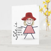 Strichfigur-Mädchen mit Red Hat Karte (Gelbe Blume)