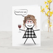 Strichfigur-Mädchen mit Rotwein Belated Geburtstag Karte (Gelbe Blume)