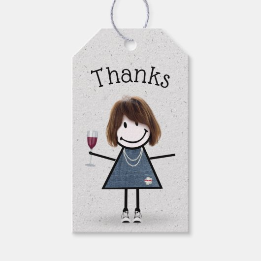 Strichfigur-Mädchen mit Wein und Sneakers Geschenkanhänger (Vorderseite)