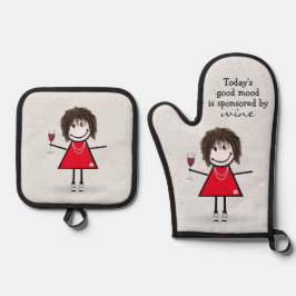 Strichfigur-Mädchen mit Wein und Sneakers Ofenhandschuh & Topflappen-Set