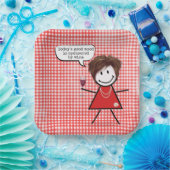 Strichfigur-Mädchen mit Weinglas auf Gingham Pappteller (Party)
