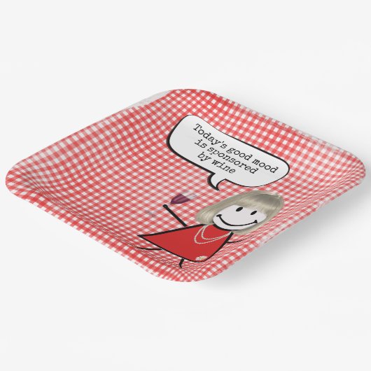 Strichfigur-Mädchen mit Weinglas auf Gingham Pappteller (Gewinkelt)