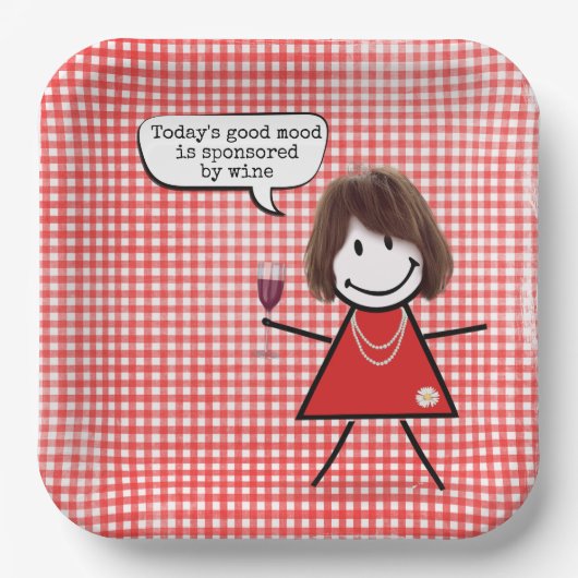 Strichfigur-Mädchen mit Weinglas auf Gingham Pappteller (Vorderseite)