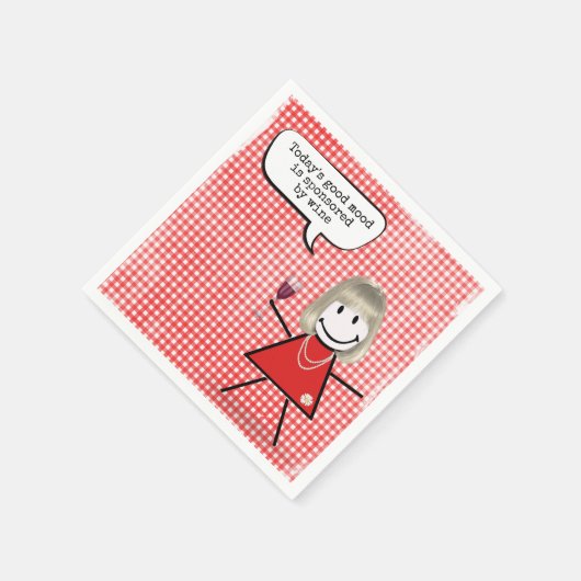 Strichfigur-Mädchen mit Weinglas auf Gingham Serviette (Ecke)