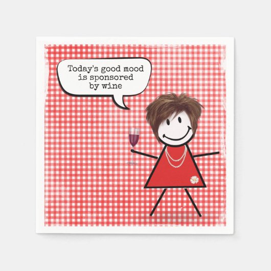 Strichfigur-Mädchen mit Weinglas auf Gingham Serviette (Vorderseite)