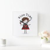 Strichfigur-Mädchen mit Weinglas Quadratische Wanduhr (Zuhause)