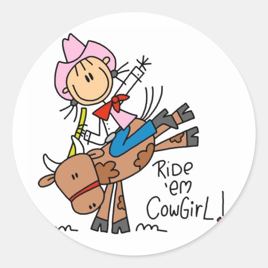 Strichfigur-Mädchen Ride Em Cowgirl - Geschenke Runder Aufkleber (Vorderseite)