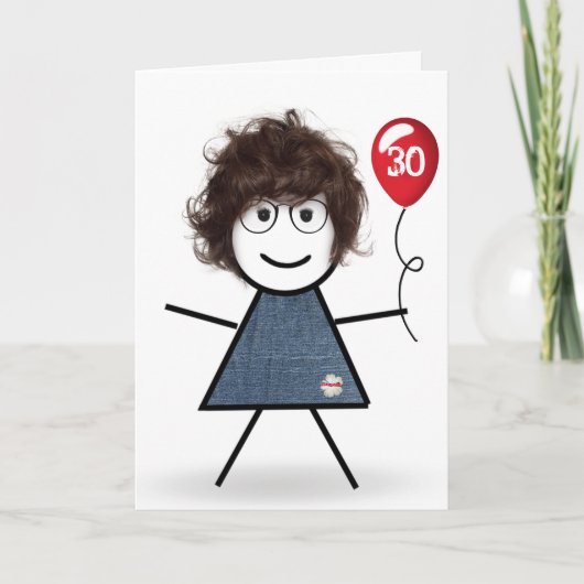 Strichfigur-Mädchen zum 30. Geburtstag mit Red Bal Karte (Vorderseite)