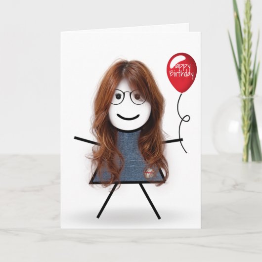 Strichfigur-Mädchen zum Geburtstag mit Red Balloon Karte (Vorderseite)