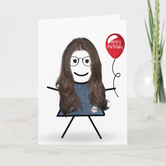 Strichfigur-Mädchen zum Geburtstag mit Red Balloon Karte (Vorderseite)