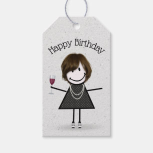 Strichfigur-Mädchen zum Geburtstag mit Wein und Sn Geschenkanhänger