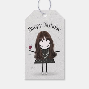Strichfigur-Mädchen zum Geburtstag mit Wein und Sn Geschenkanhänger