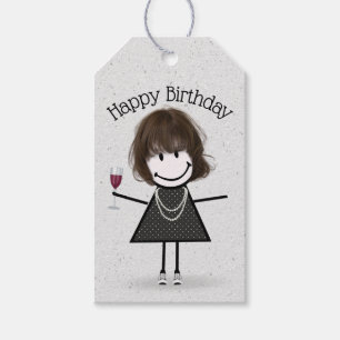 Strichfigur-Mädchen zum Geburtstag mit Wein und Sn Geschenkanhänger