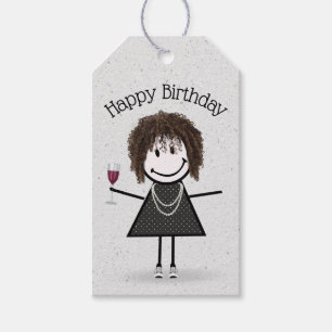 Strichfigur-Mädchen zum Geburtstag mit Wein und Sn Geschenkanhänger