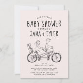 Strichmännchen auf Tandem mit Babysitz  Einladung (Vorderseite)