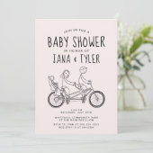 Strichmännchen auf Tandem mit Babysitz  Einladung (Stehend Vorderseite)