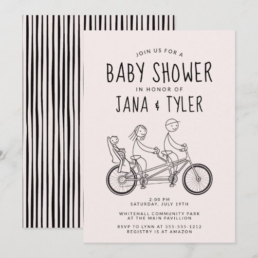 Strichmännchen auf Tandem mit Babysitz  Einladung (Vorne/Hinten)