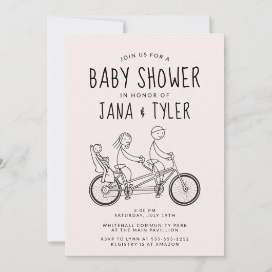 Strichmännchen auf Tandembike mit Kindersitz Einladung (Vorderseite)