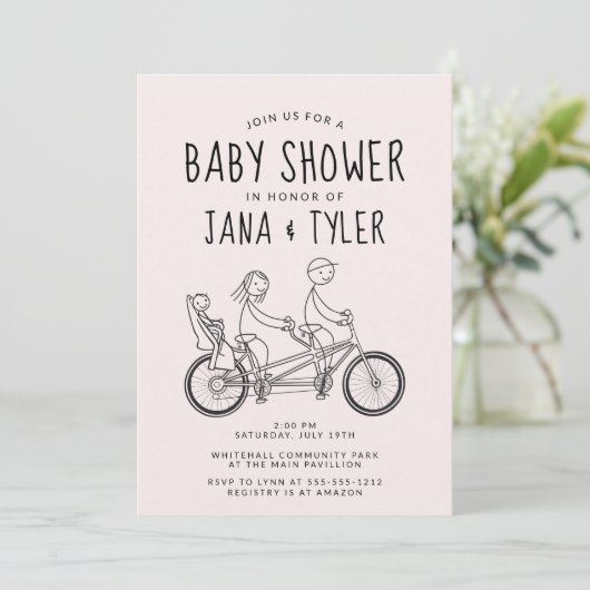 Strichmännchen auf Tandembike mit Kindersitz Einladung (Stehend Vorderseite)