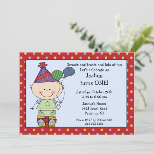 Strichmännchen Baby Boy 1. Geburtstag Einladung (Stehend Vorderseite)