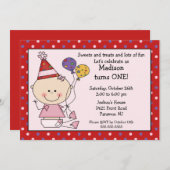 Strichmännchen Baby Girl 1. Geburtstag Einladung (Vorne/Hinten)