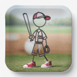 Strichmännchen-Baseballspieler in roten Turnschuhe Pappteller