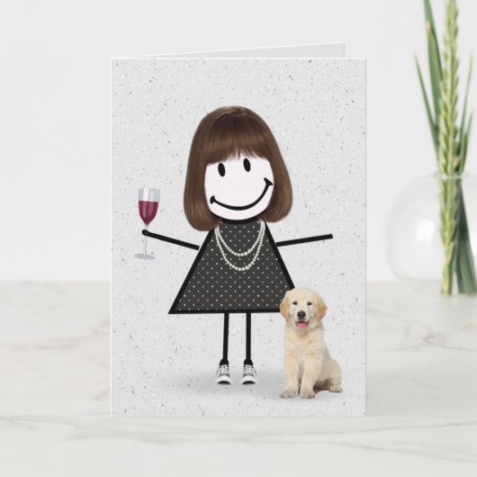 Strichmännchen Birthday Girl mit Golden Retriever Karte (Vorderseite)