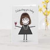 Strichmännchen Birthday Girl with Red Wine Karte (Gelbe Blume)