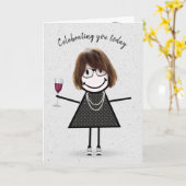 Strichmännchen Birthday Girl with Red Wine Karte (Gelbe Blume)