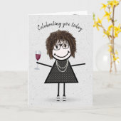 Strichmännchen Birthday Girl with Red Wine Karte (Gelbe Blume)