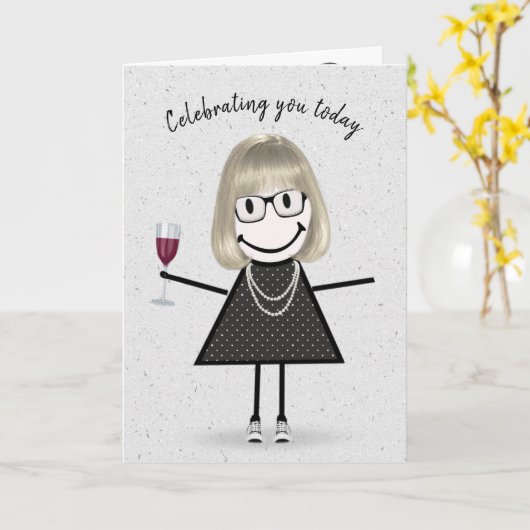 Strichmännchen Birthday Girl with Red Wine Karte (Gelbe Blume)