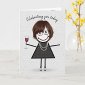 Strichmännchen Birthday Girl with Red Wine Karte (Gelbe Blume)