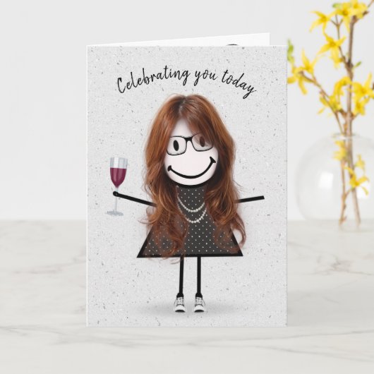 Strichmännchen Birthday Girl with Red Wine Karte (Gelbe Blume)