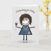 Strichmännchen Birthday Girl with Wine Glass Karte (Gelbe Blume)