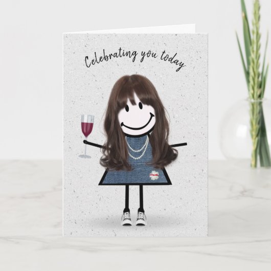 Strichmännchen Birthday Girl with Wine Glass Karte (Vorderseite)