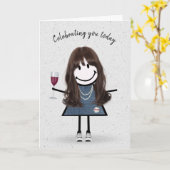 Strichmännchen Birthday Girl with Wine Glass Karte (Gelbe Blume)