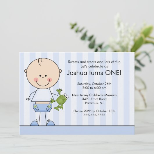 Strichmännchen Boy 1. Geburtstag Einladung (Stehend Vorderseite)