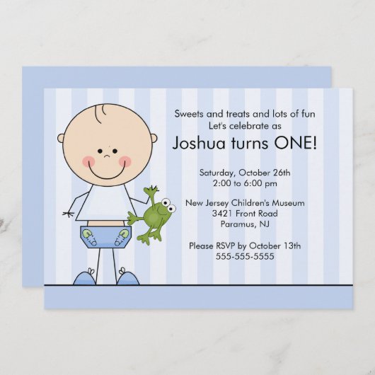 Strichmännchen Boy 1. Geburtstag Einladung (Vorne/Hinten)