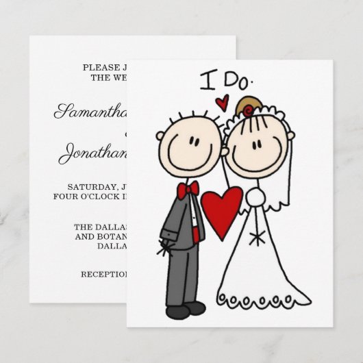 Strichmännchen Bride & Groom Wedding Einladungskar (Vorne/Hinten)