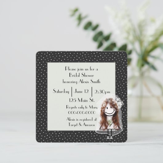 Strichmännchen Bride on Polka Dots Einladung (Stehend Vorderseite)