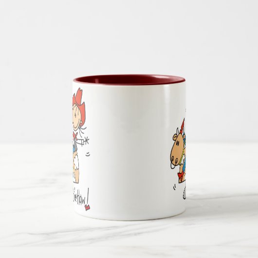 Strichmännchen-Cowgirl Yee Haw-Tasse Zweifarbige Tasse (Mittel)