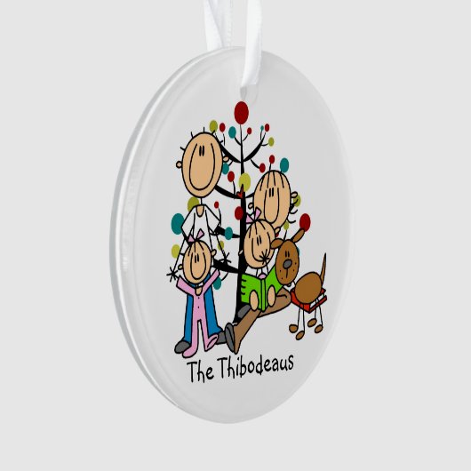 Strichmännchen Eltern, 2 Mädchen, Hundeverzierung Ornament (Vorderseite)