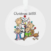 Strichmännchen Eltern, 2 Mädchen, Hundeverzierung Ornament (Rückseite)