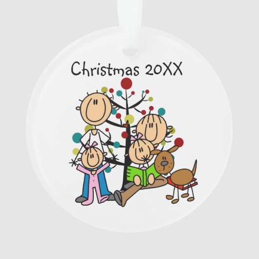 Strichmännchen Eltern, 2 Mädchen, Hundeverzierung Ornament (Rückseite)