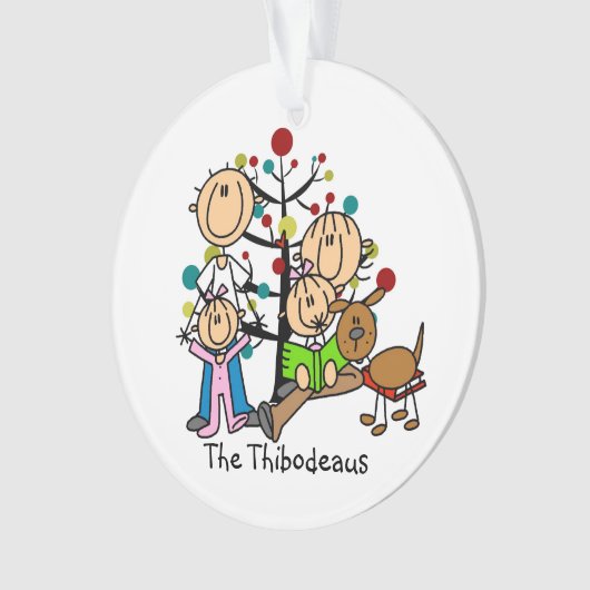 Strichmännchen Eltern, 2 Mädchen, Hundeverzierung Ornament (Vorderseite)