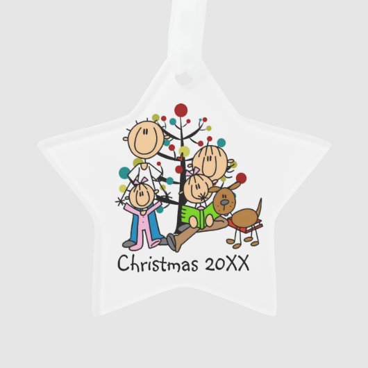 Strichmännchen Eltern, 2 Mädchen, Hundeverzierung Ornament (Rückseite)