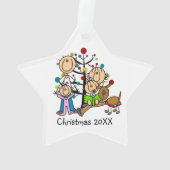 Strichmännchen Eltern, 2 Mädchen, Hundeverzierung Ornament (Rückseite)