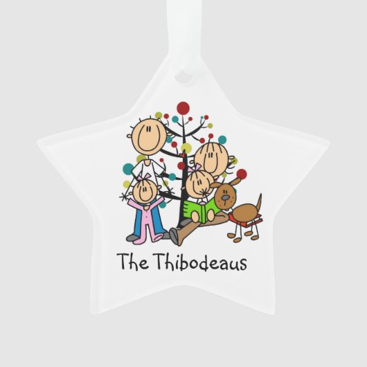 Strichmännchen Eltern, 2 Mädchen, Hundeverzierung Ornament (Vorderseite)